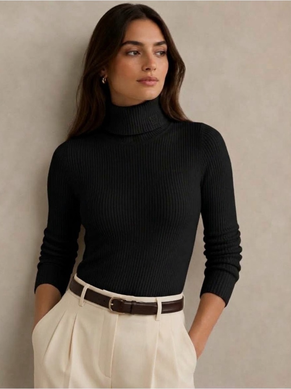Lauren Ralph Lauren Ribbed Turtleneck Sweater Black Size Medium Minimalist Fall
